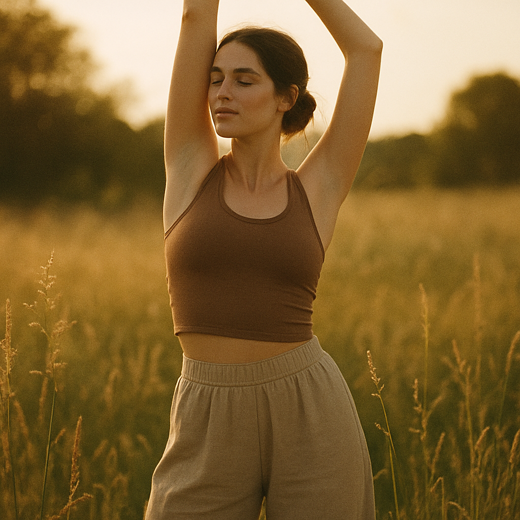 Woman stretching outdoors in organic activewear